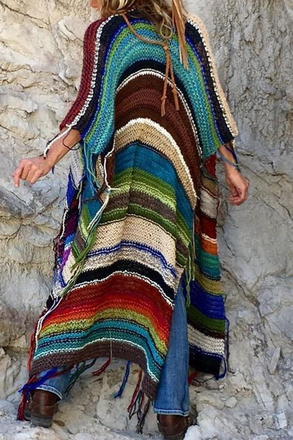 Bohemian Collarless Tassel Mid-length Handknit Cardigan