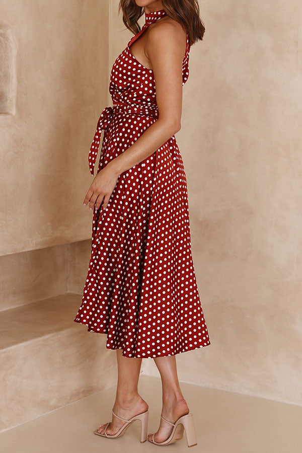 Halter Neck Polka Dot Slim A-Line Long Dress