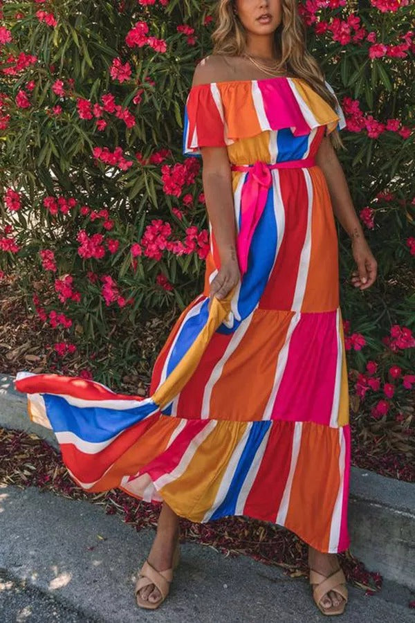 Sunkissed Rainbow Colorblock Off Shoulder Maxi Dress