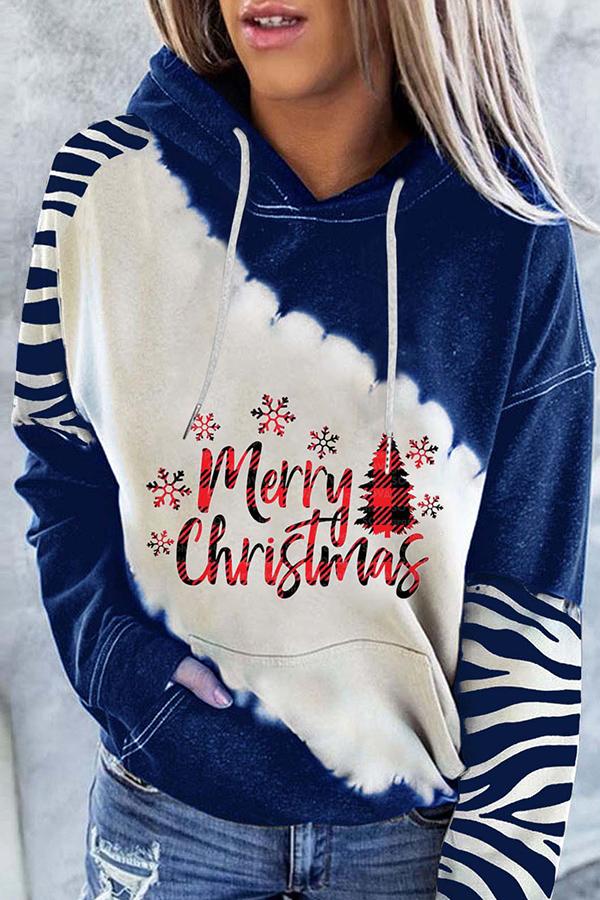 Santa Claus Print Color Block Hoodie  （Blue )