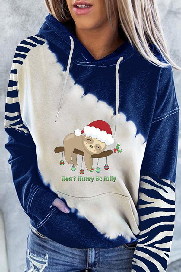 Santa Claus Print Color Block Hoodie  （Blue )