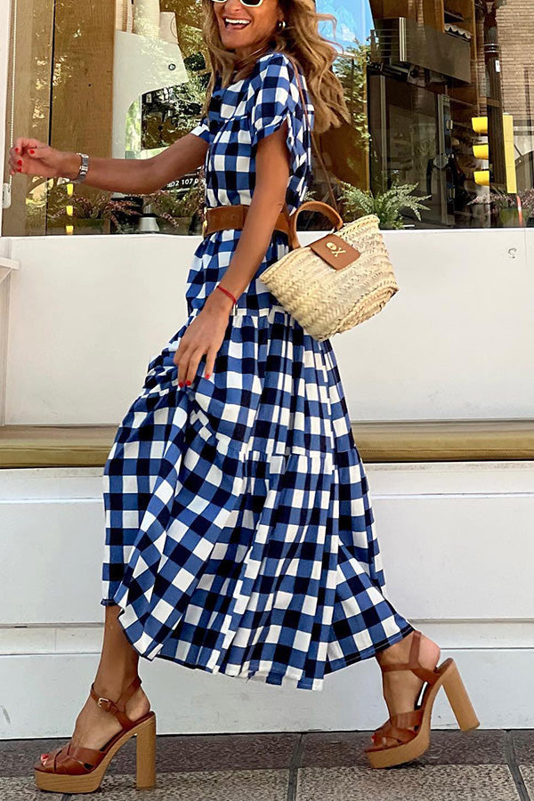 Blue Plaid V-Neck All-Match Slim Dress