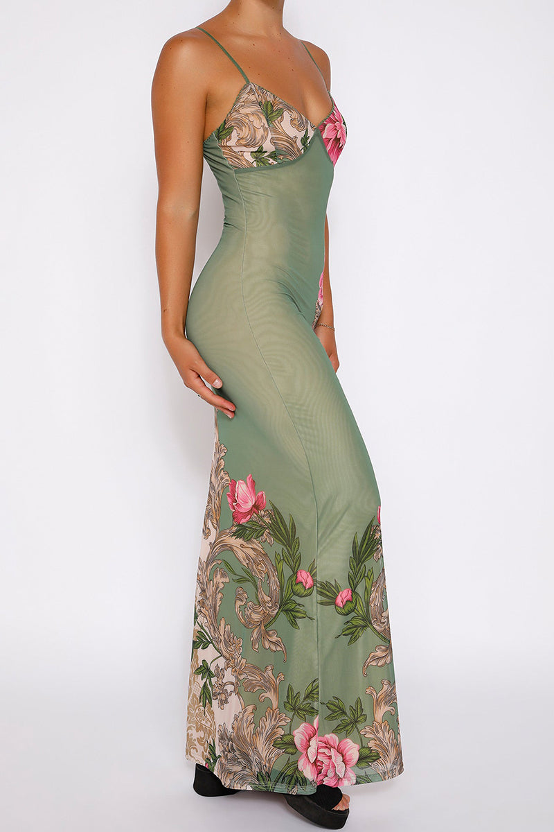 FLORAL PRINT V NECK FLOWY HEM ELEGANT SLIP MAXI DRESS [PRE ORDER]