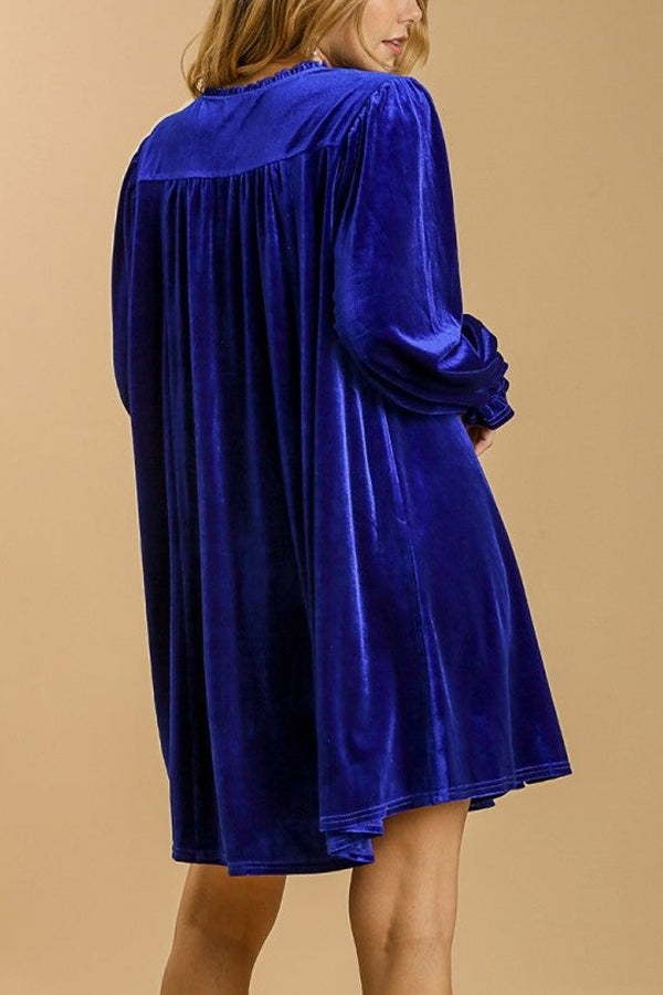 Umgee Velvet Dress with Puff Sleeves and Split Neckline in  Velvet