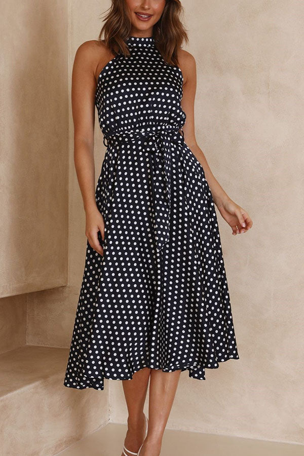 Halter Neck Polka Dot Slim A-Line Long Dress