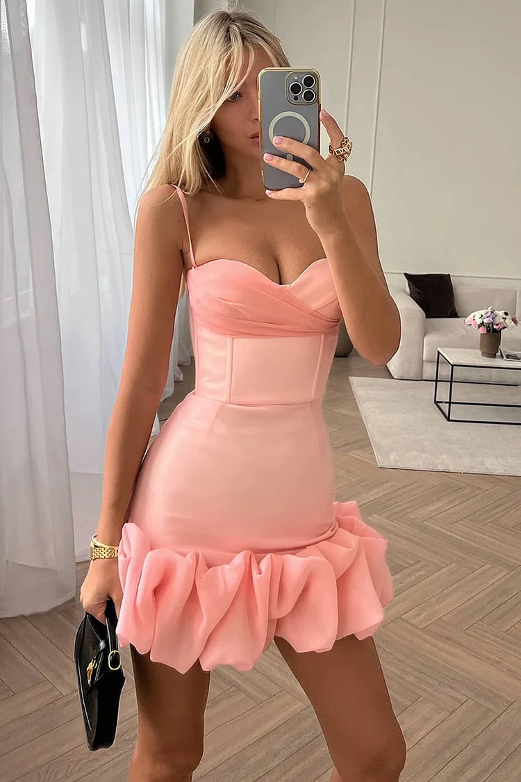 Sweetheart Neck Mesh Patchwork Draped Ruffle Hem Bodycon Slip Mini Dresses