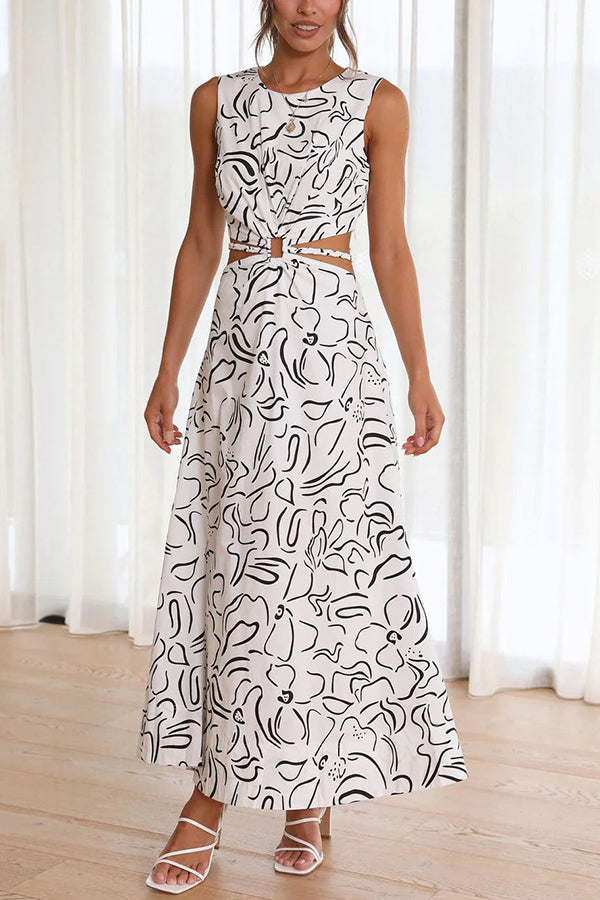 Gwen Abstract Print Cutout Elastic Waist Tie Maxi Dress