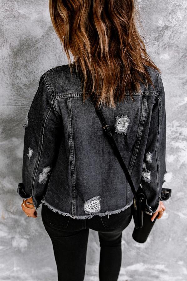 Lapel Distressed Raw Hem Buttons Denim Jacket