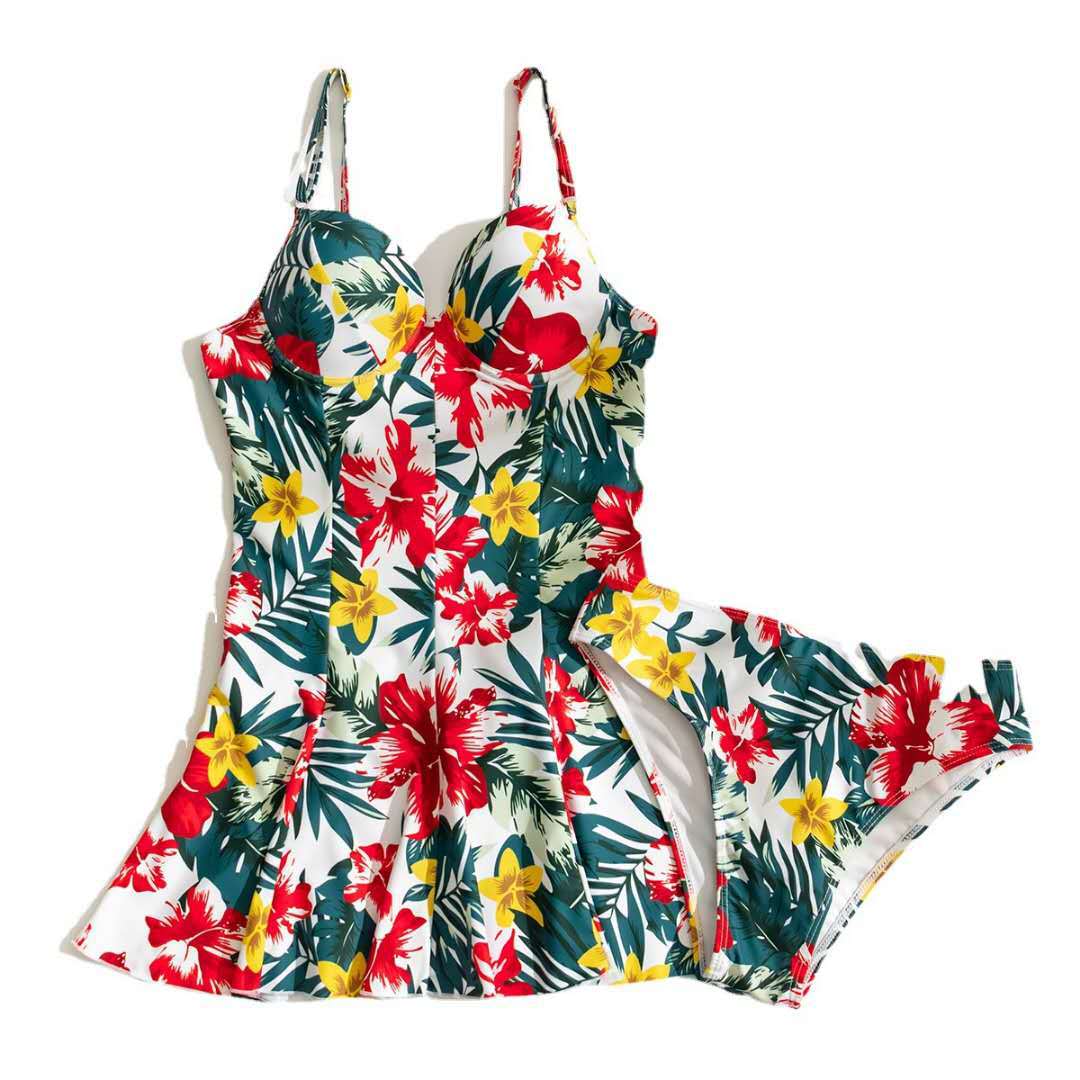 Leaf Printed Hard-clad Steel Support Skirt Split Swimsuit