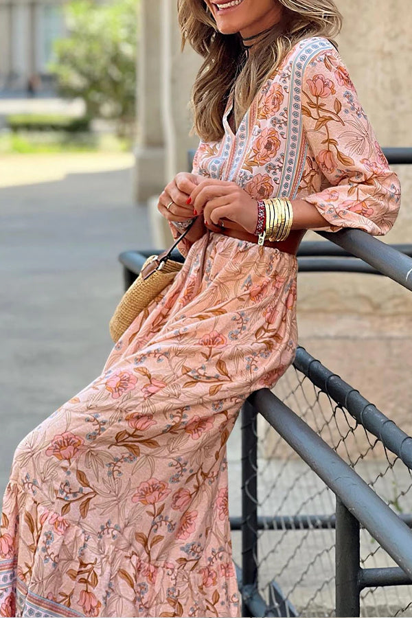 Pink Sexy Bohemian Floral V Neck Ruffle Maxi Dress