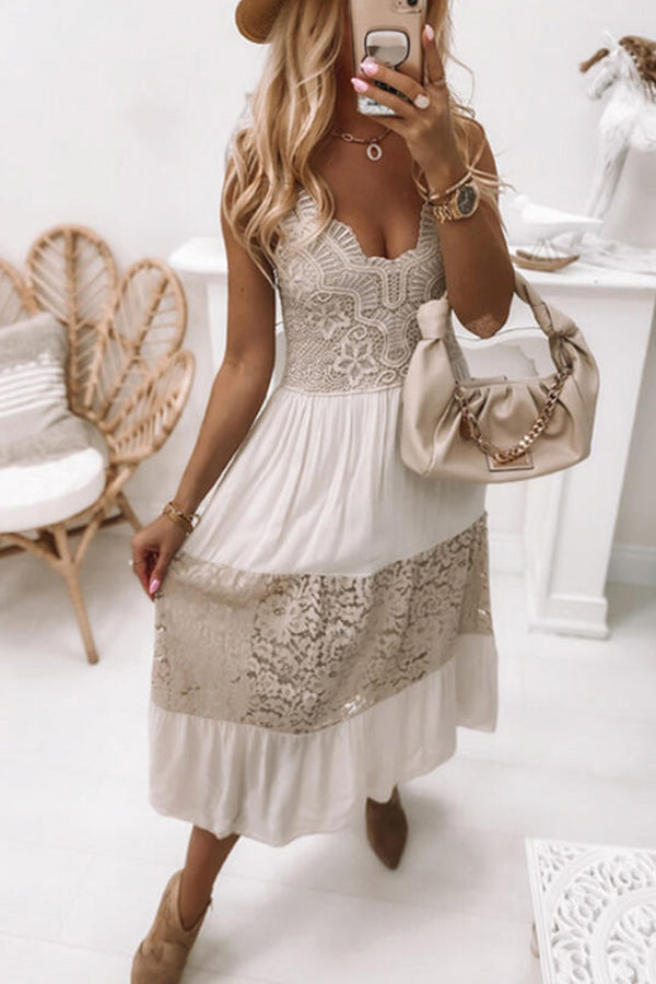 Embroidered Lace Neck Panel Sleeveless Nipped Waist Midi Dress