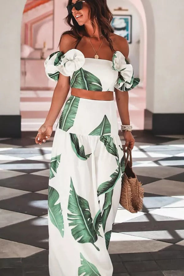 The Alessia Palm Ruffle Crop Top Maxi Skirt Suits