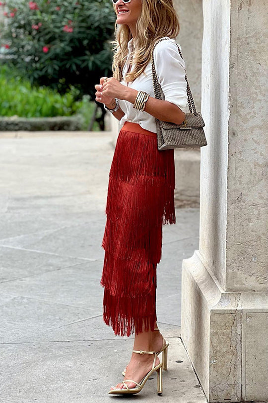 Fancy Rodeo Tiered Fringe High Waist Midi Skirt