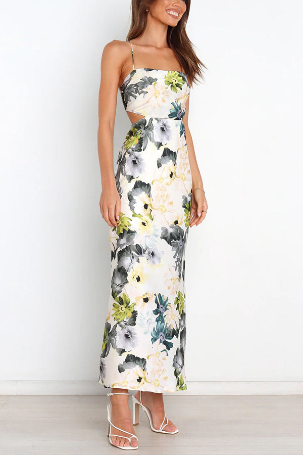 Garden Party Floral Satin Cut Out Back Lace-up Maxi Dress