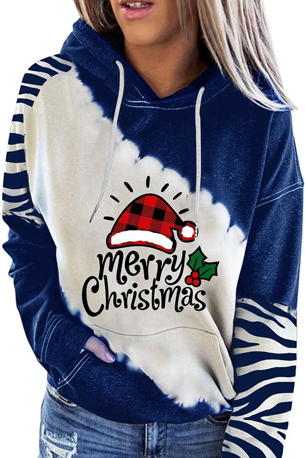 Santa Claus Print Color Block Hoodie  （Blue )