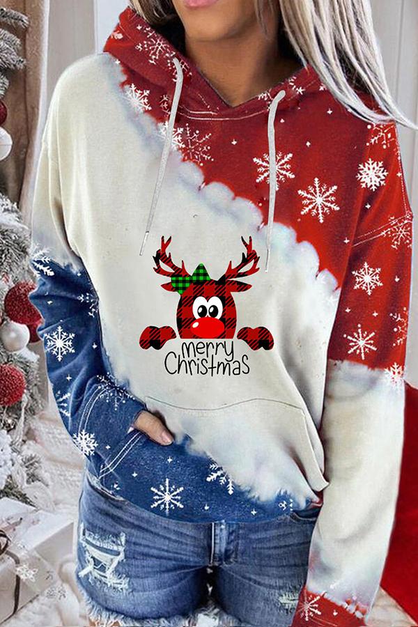 Santa Claus Print Color Block Hoodie  （Red and blue）