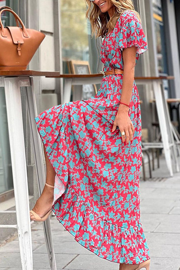 V-Neck Ruffle Swing Print Maxi Dress