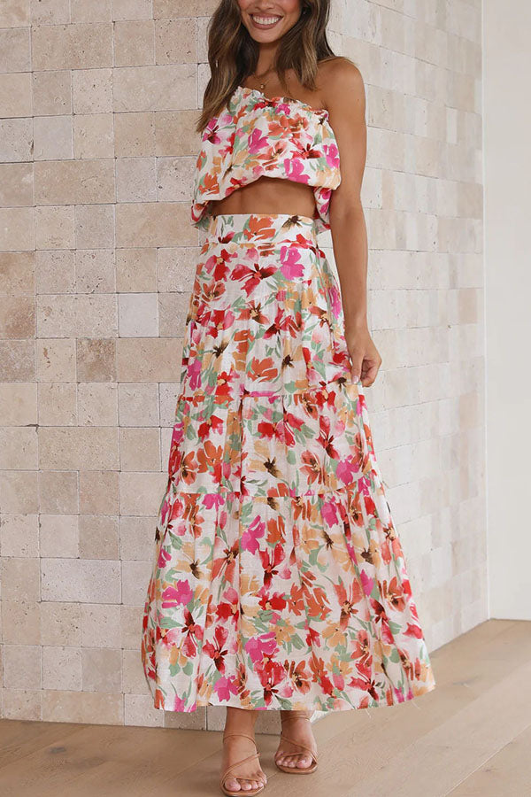 Sunny Spritzer Floral Pocketed One Shoulder Midi Skirt Set