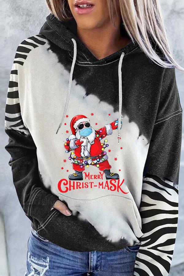 Santa Claus Print Color Block Hoodie  （Black）