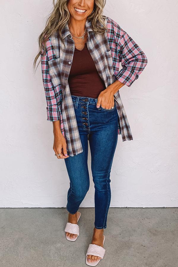 Contrasting Color Plaid Blouse