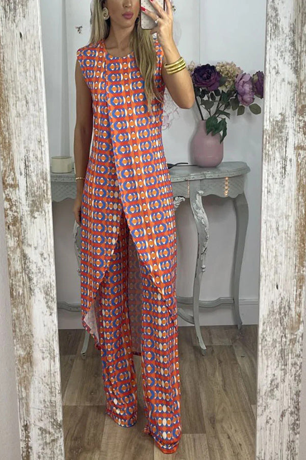 Retro Print Casual Split Top Two-Piece Set