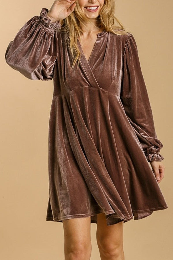 Umgee Velvet Dress with Puff Sleeves and Split Neckline in  Velvet