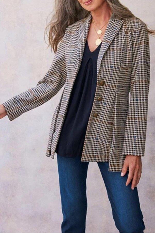 Lapel Button Ruffle Hem Plaid Blazer