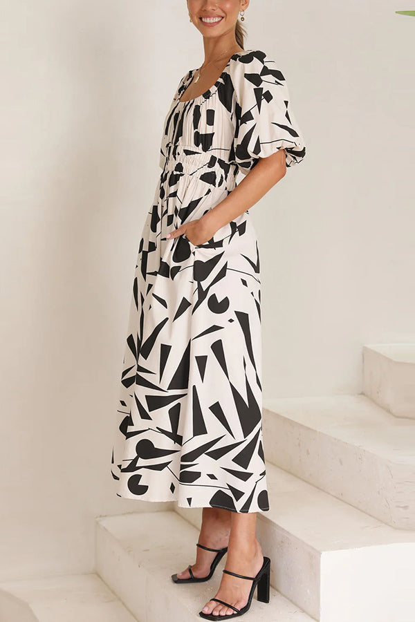 Kapri Geometric Print Puff Sleeve Elastic Waist Pocketed Midi Dress