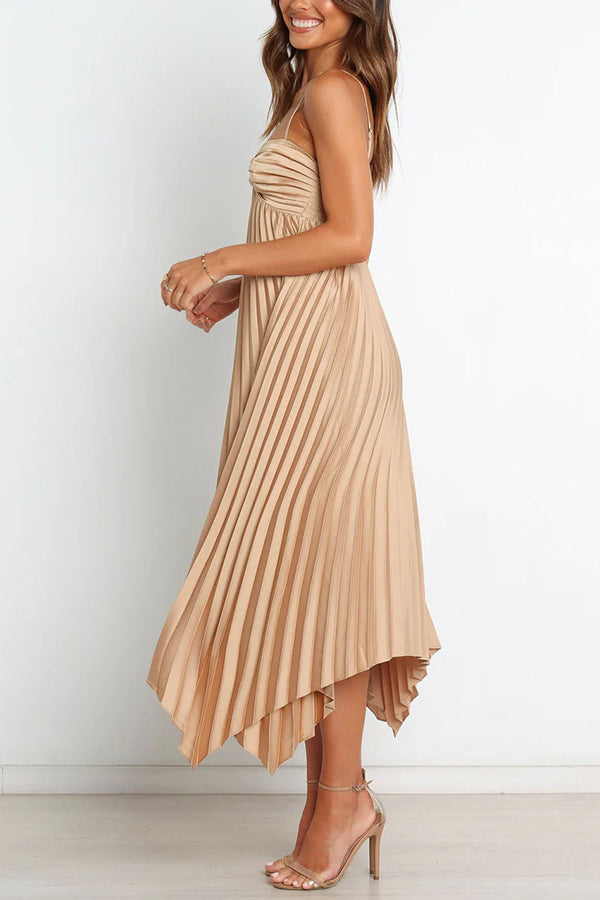 Kali Metallic Satin Asymmetrical Hemline Pleated A-line Midi Dress