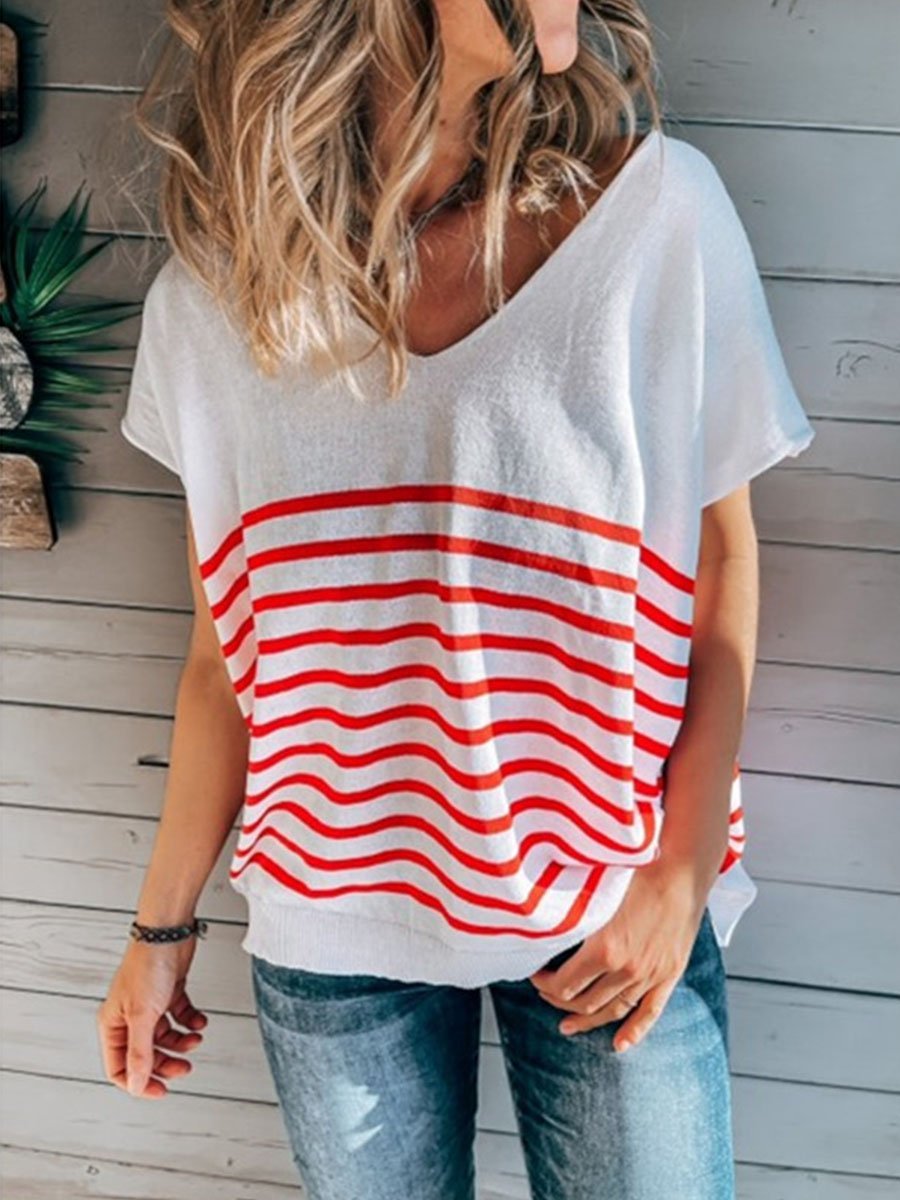 V-neck Striped Loose T-shirt