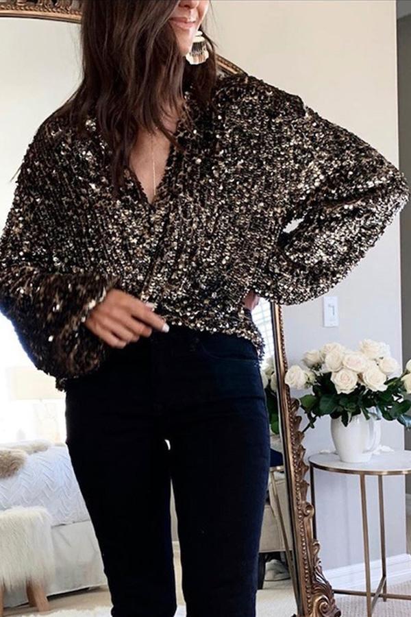 V-Neck Long Sleeve Sequin Top