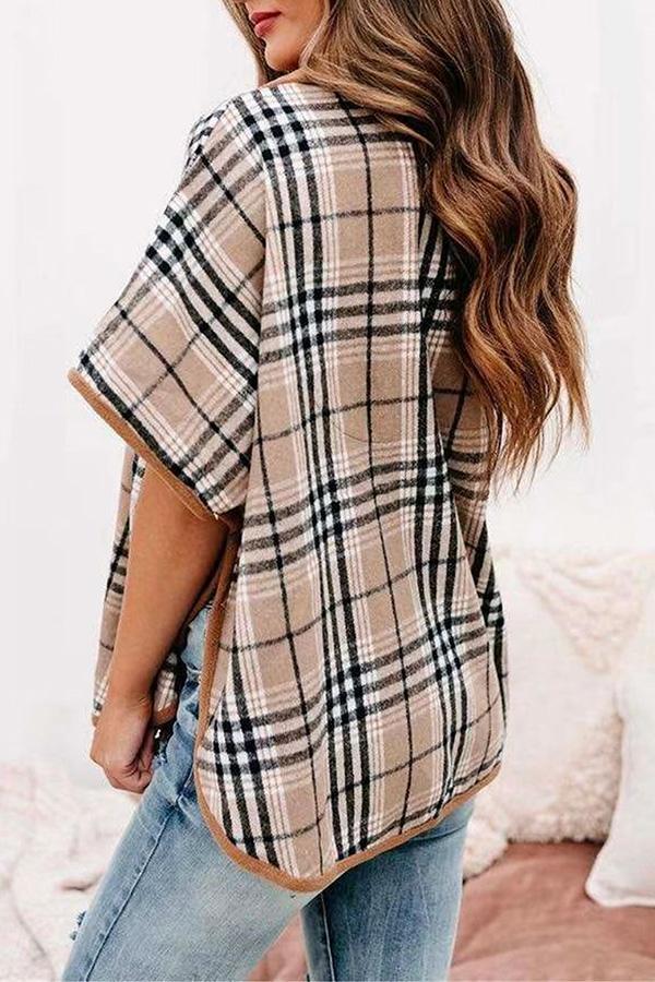 Plaid Batwing Sleeve Fleece Cape