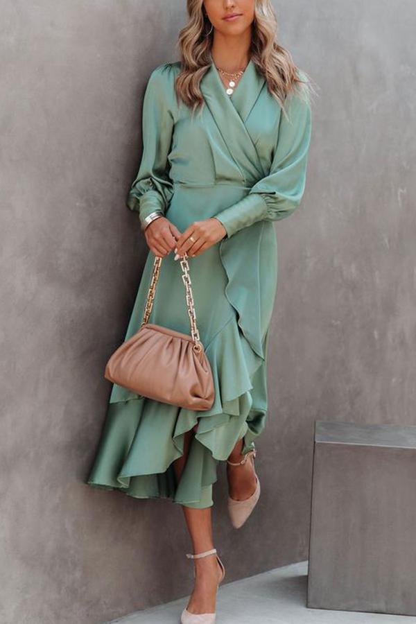 V Neck Long Sleeve Waisted Ruffle Dress