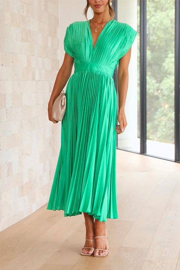 Deep V Neck Waisted Maxi Pleated Swing Dress