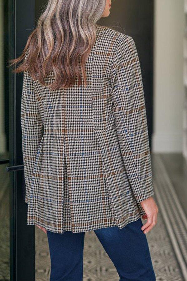 Lapel Button Ruffle Hem Plaid Blazer