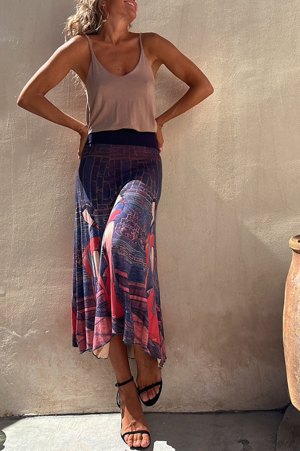 Fall In Love with Kyoto Geisha Printed Elastic Waist Stretch Maxi Skirt