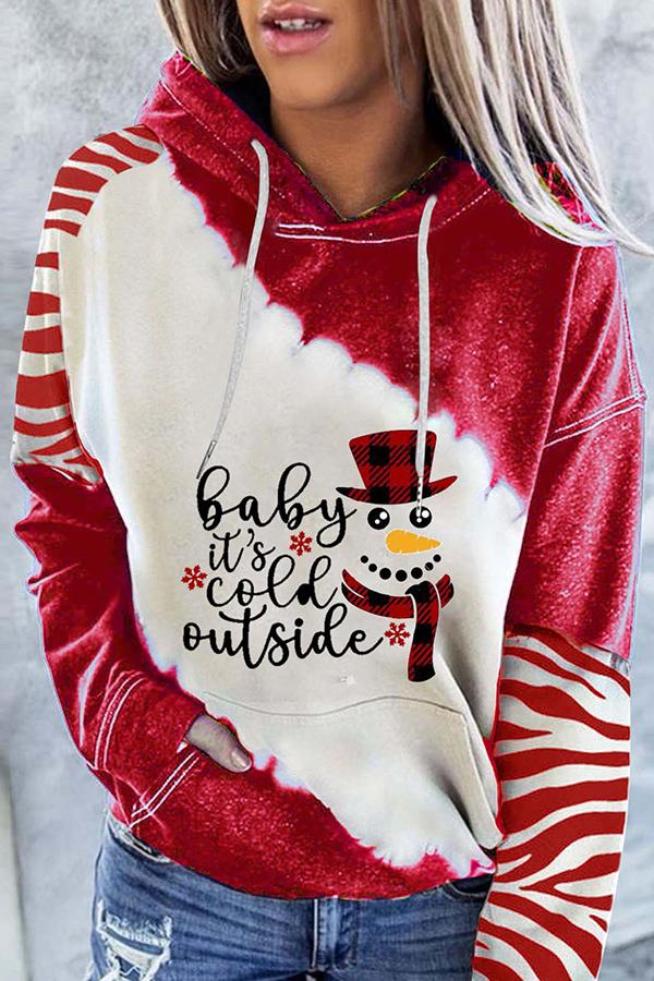 Santa Claus Print Color Block Hoodie  （Red）