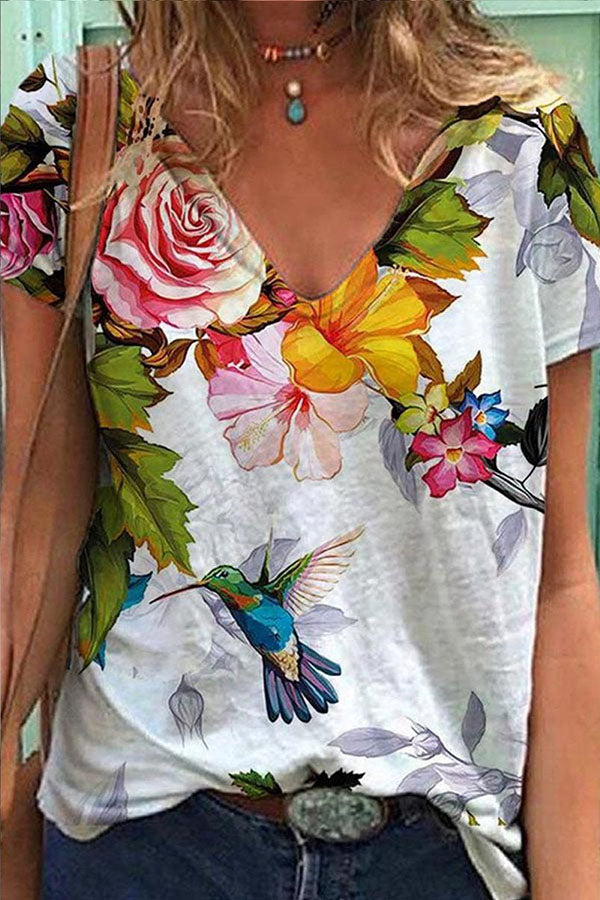 Smart Flower Print V Neck Shirt