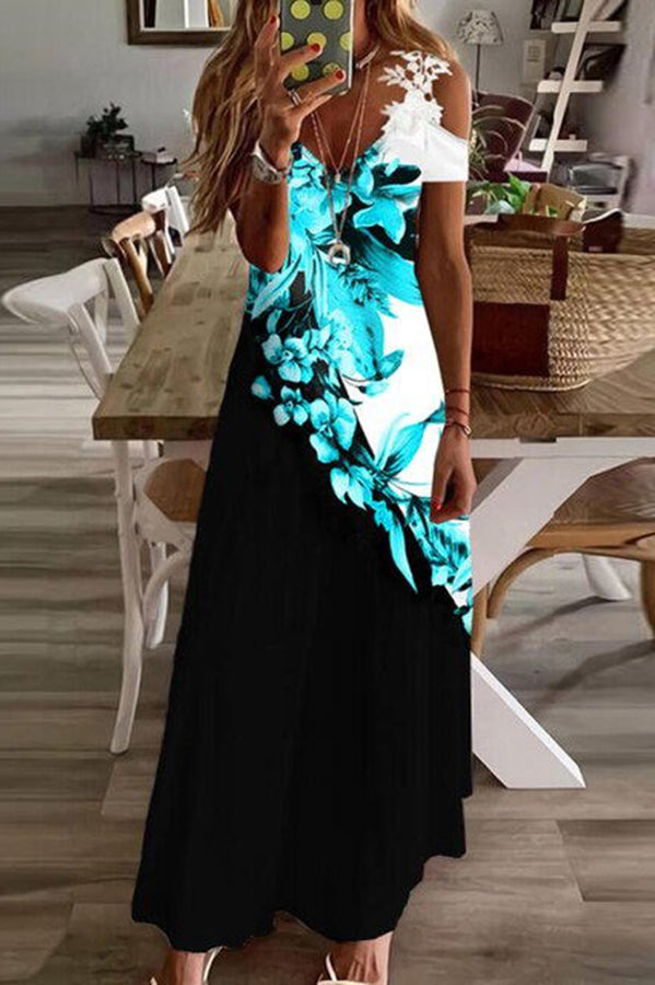 Viana Contrast Lace Printed Cold Sleeve Straight Maxi Dress