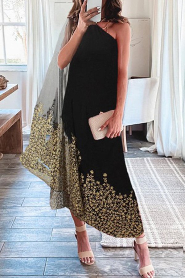 Gold Embroidery Chiffon Maxi Dress