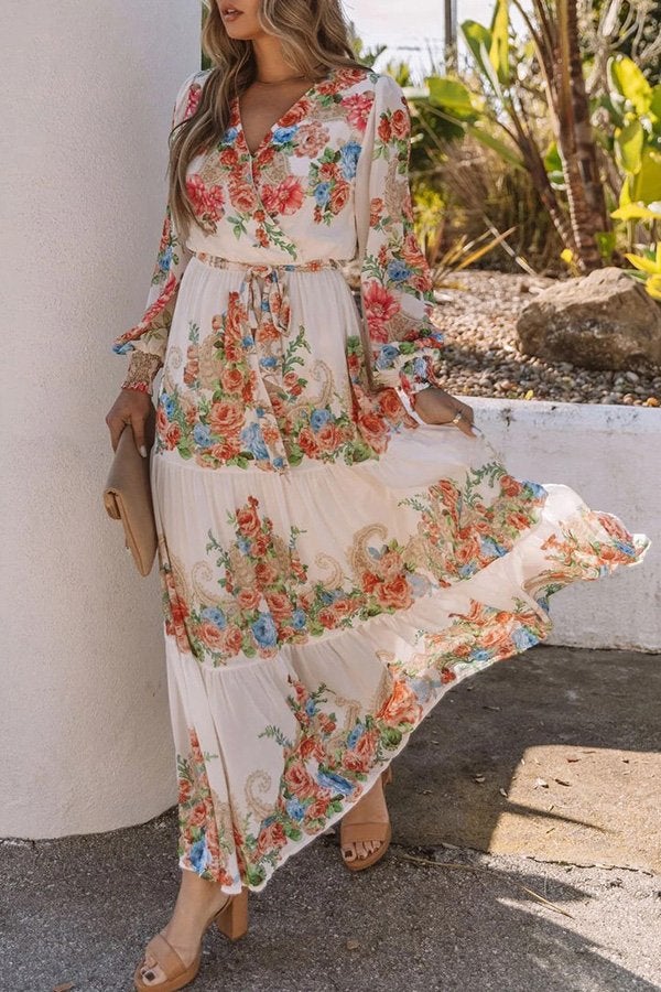 V-neck Floral Tiered Maxi Dress