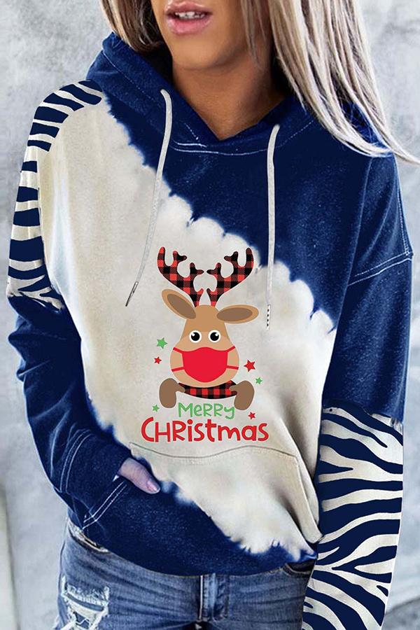 Santa Claus Print Color Block Hoodie  （Blue )