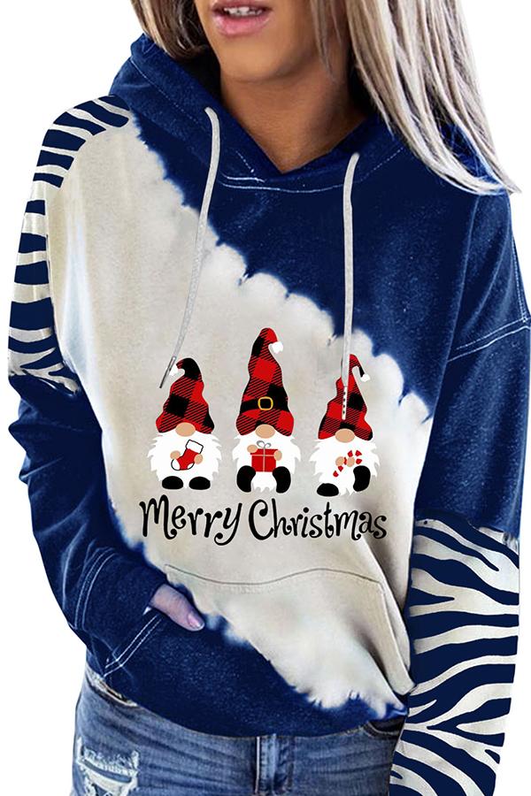 Santa Claus Print Color Block Hoodie  （Blue )