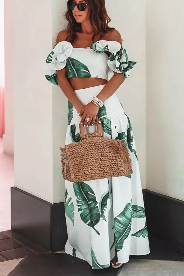 The Alessia Palm Ruffle Crop Top Maxi Skirt Suits