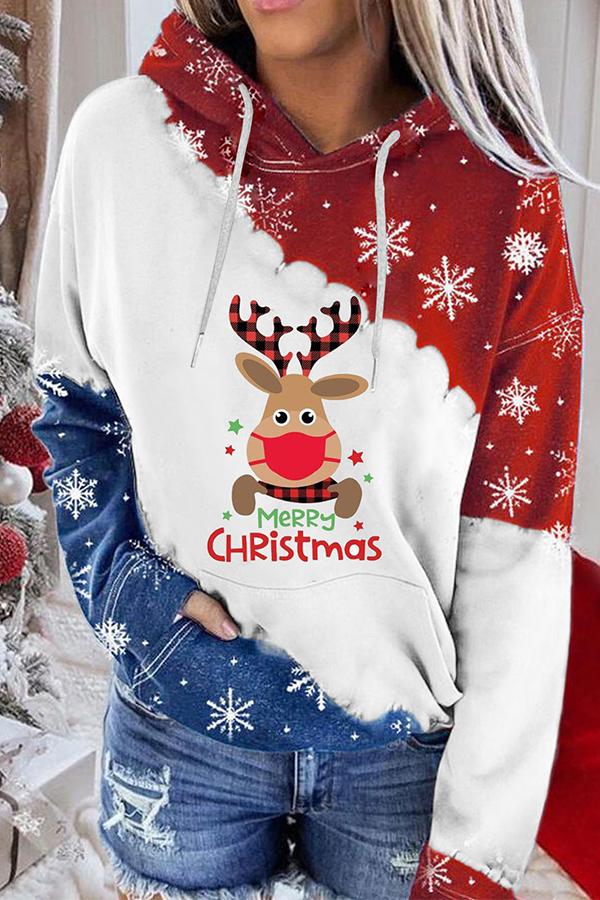 Santa Claus Print Color Block Hoodie  （Red and blue）