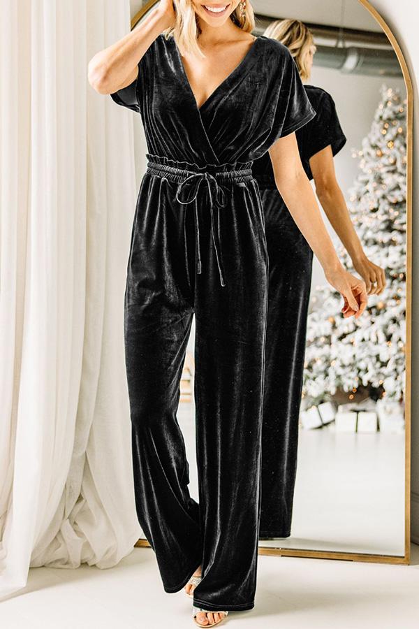 Roschic Casual V-neck Solid Gold Velvet Jumpsuit