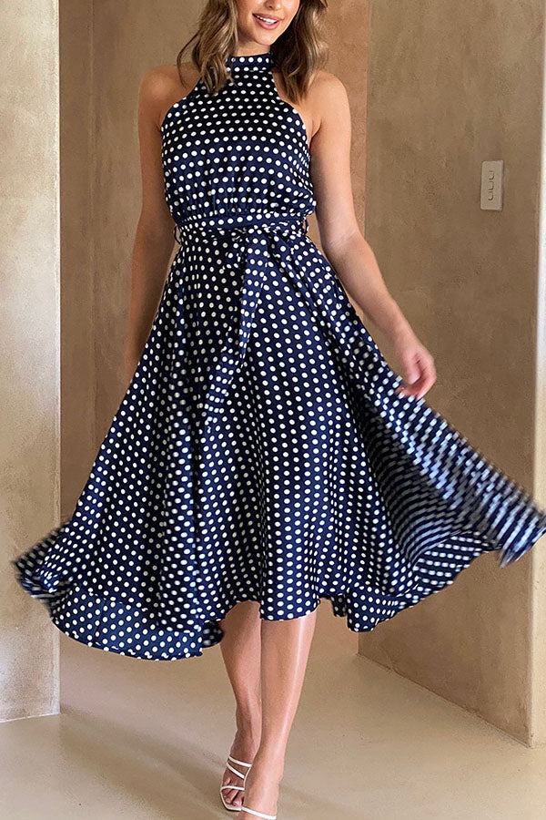 Halter Neck Polka Dot Slim A-Line Long Dress