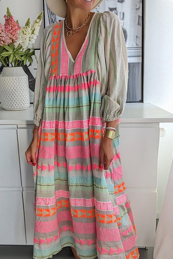 Pink Greek Key and Orange Chain Striped Print Midi Dress