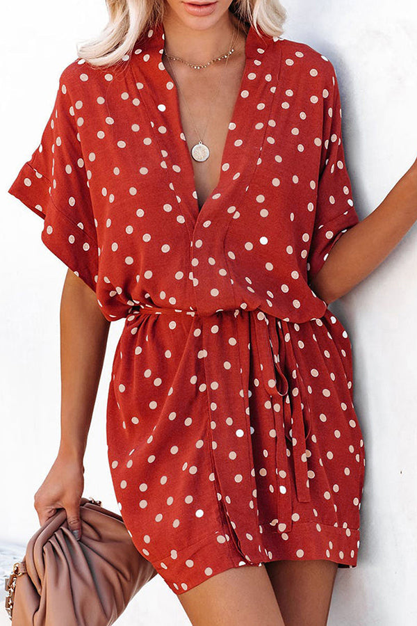 Polka Dot V-Neck Loose Lace-Up Simple Short Sleeve Mini Dress