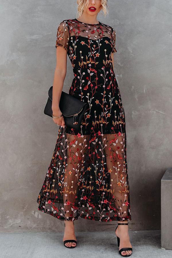 Romantic Getaway Embroidered Mesh Floral Maxi Dress